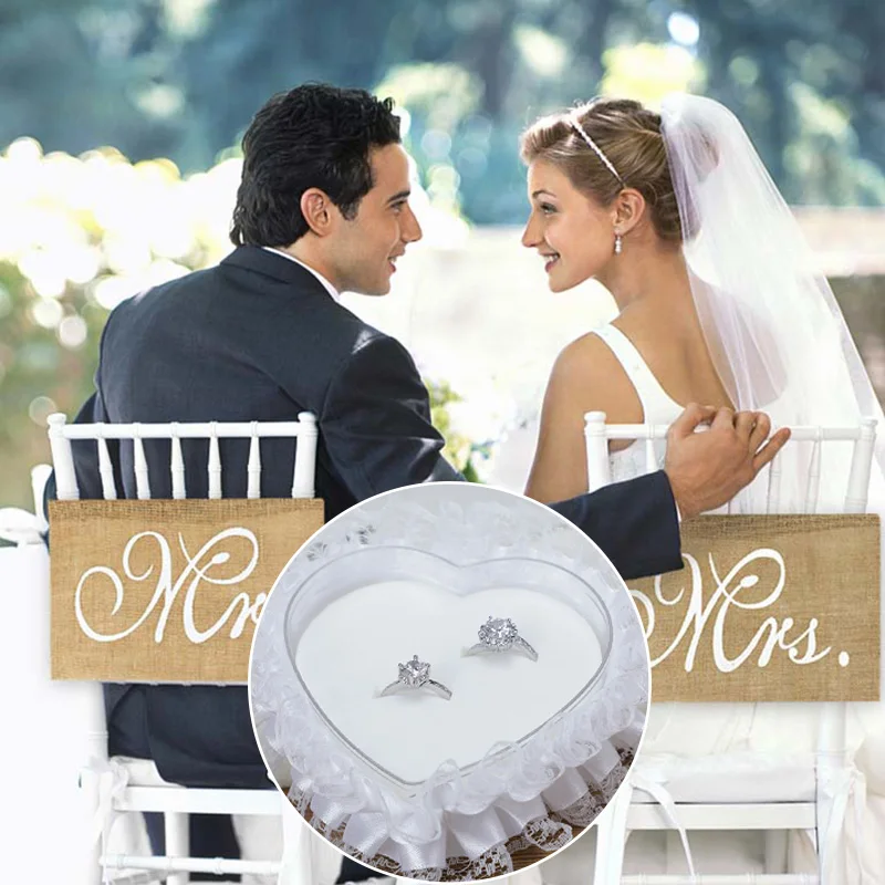 Кутия за пръстени за сватбени двойки във формата на сърце, бели дантелени кутии за възглавници с пръстени, калъф за бижута от седеф и планински кристал, кутия за халки за церемонията годеж