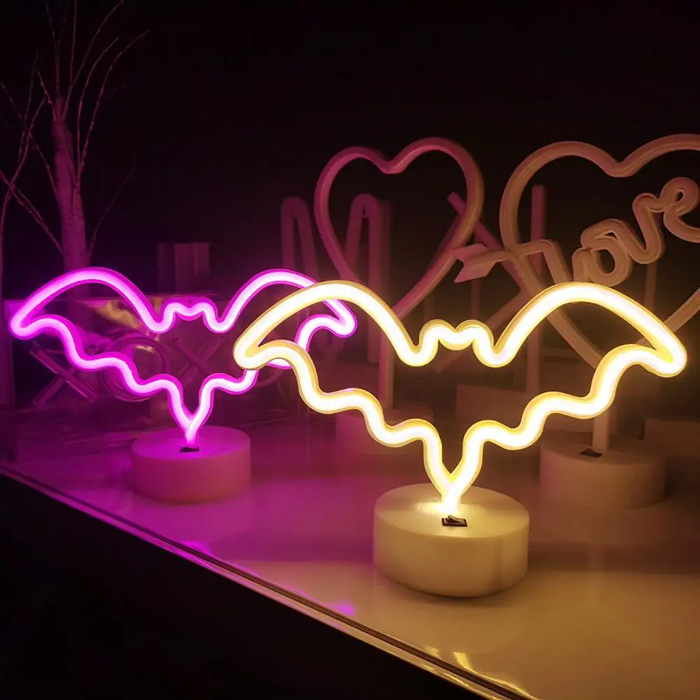 Лека нощ без трептене, Неонова реклама във формата на прилеп за Хелоуин, лампа с USB/батерии, десктоп украса за търговци с 3 години