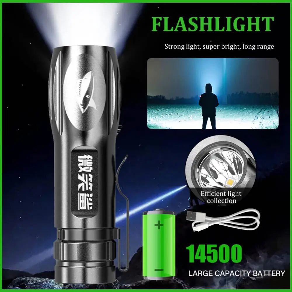 Мини фенерче led фенерче с висока мощност USB Осветление с фиксиран фокус Далечен бой фенерче Лампа Водоустойчив преносими къмпинг прожектори