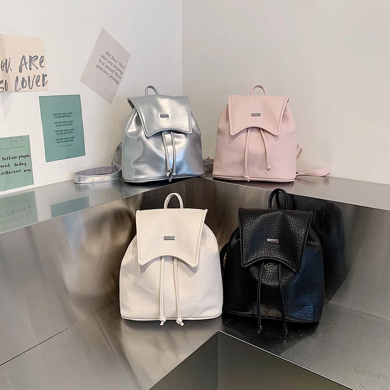 Модерен раница от изкуствена кожа с завязками, дамски ежедневни водоустойчив училищни чанти за момичета, мултифункционална чанта на рамото, пътен раница
