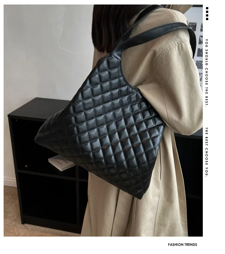 Модерна дамска чанта през рамо с Ромбической бродерия, чантата е от изкуствена кожа, однотонная чанта за подмишниците, Ежедневни чанти-тоут голям размер