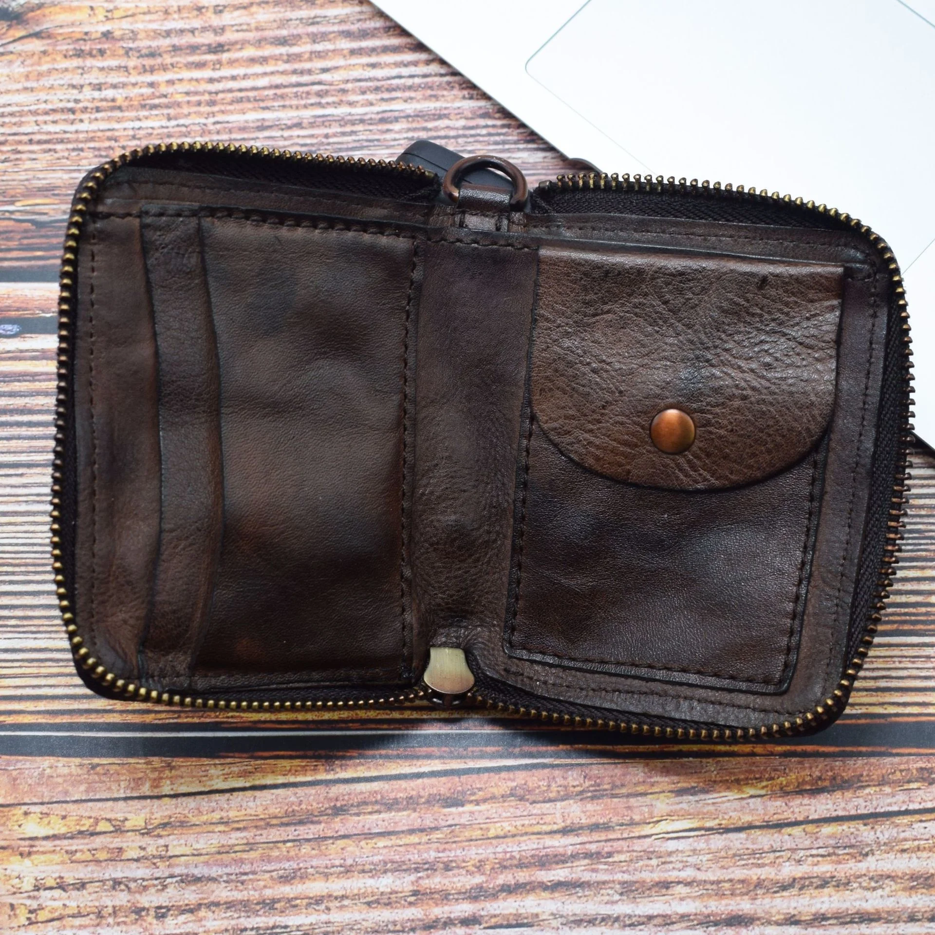 Мъжки ретро кратък портфейл с цип, От телешка кожа с горния слой, многофункционална чанта за визитки от кожа растително дъбени Zero