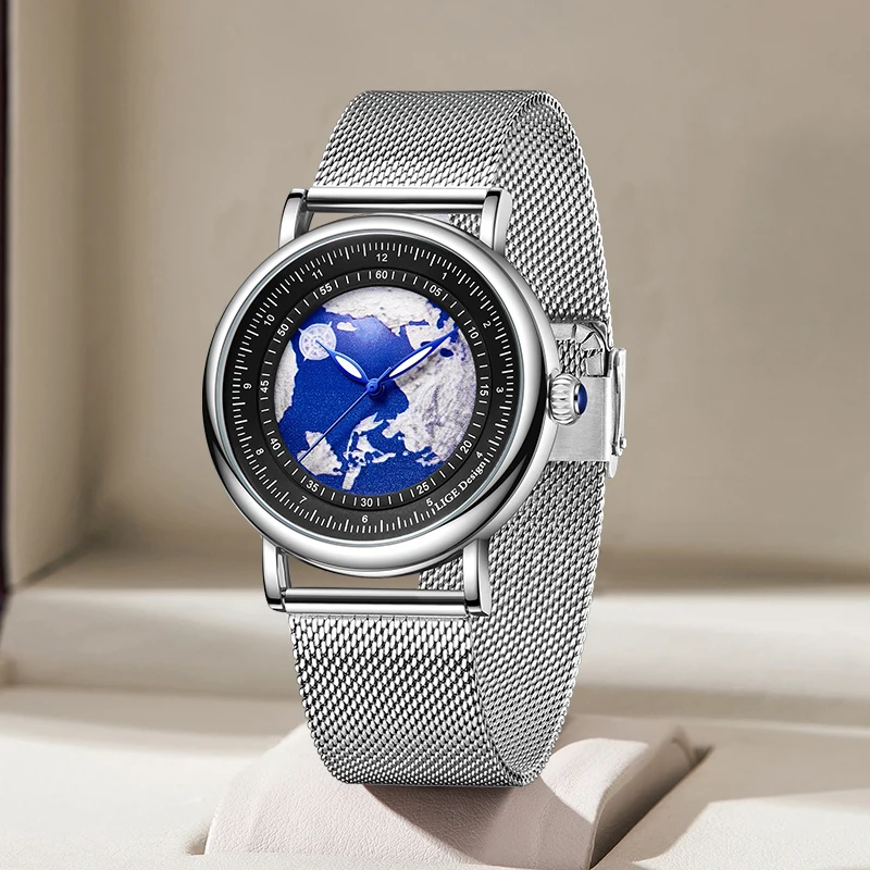 Мъжки часовник LIGE, Модната марка с луксозен мрежесто каишка, кварцов мъжки часовник Creative Earth, Водоустойчиви мъжки часовници, Ежедневни часовници за мъже
