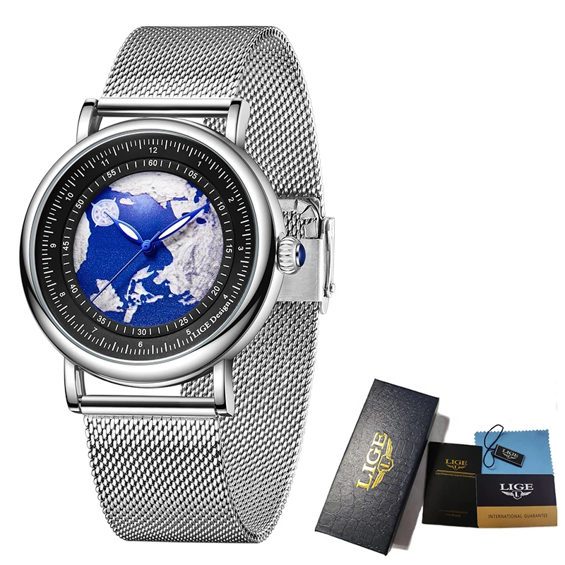 Мъжки часовник LIGE, Модната марка с луксозен мрежесто каишка, кварцов мъжки часовник Creative Earth, Водоустойчиви мъжки часовници, Ежедневни часовници за мъже