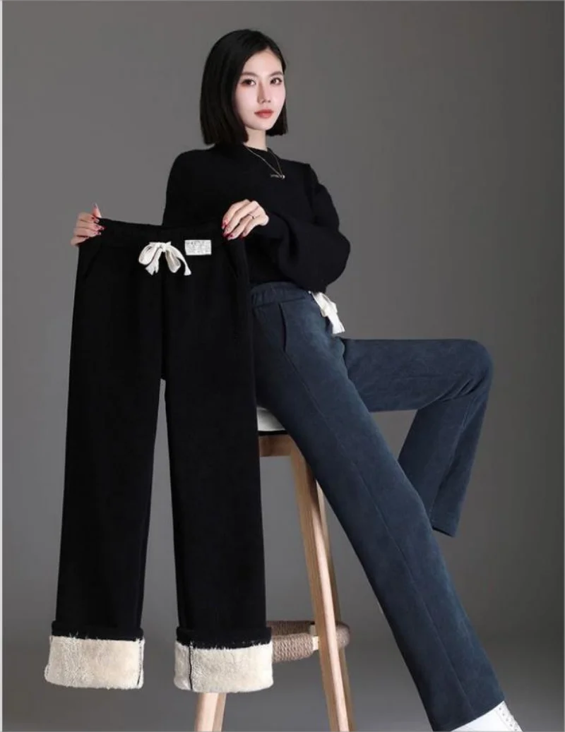 Плюшени плътни прави панталони дамски ежедневни плътни спортни панталони с висока талия и топло шнурком улични панталони