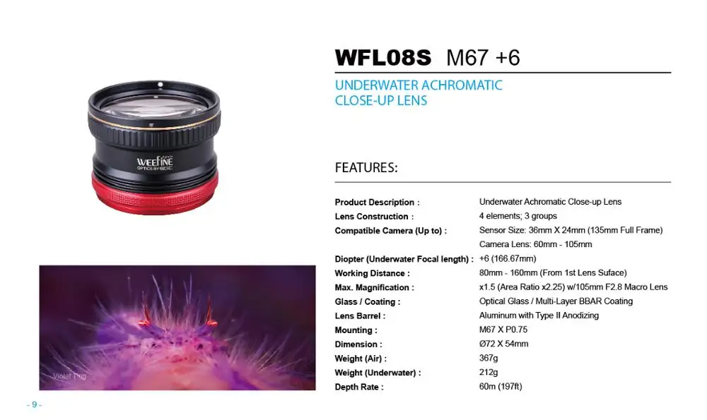 - Рефлексен фотоапарат Weefine Wfl08s + 6 с обектив за макро близък план и корпус от Nauticam диаметър 60-105 мм, оптимизиран за сензори с Размер 36 мм X 24 мм 135 мм Напълно