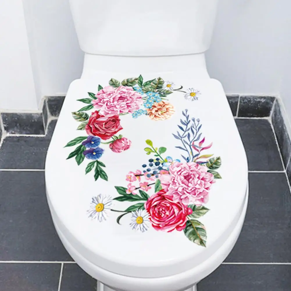 Свалящ цвете стикер Цветни стикери върху капака на тоалетната чиния Подвижна водоустойчива етикети със зелени листа за декора на банята самозалепващи