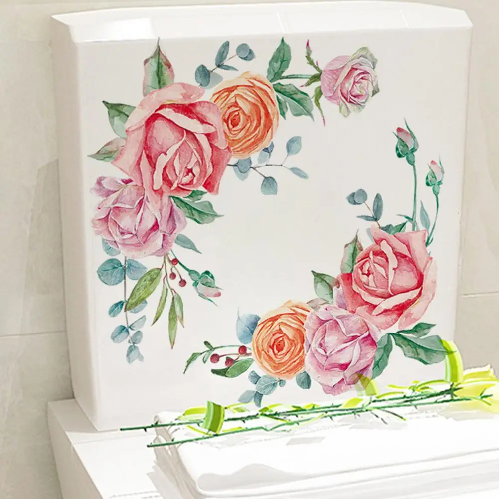 Свалящ цвете стикер Цветни стикери върху капака на тоалетната чиния Подвижна водоустойчива етикети със зелени листа за декора на банята самозалепващи