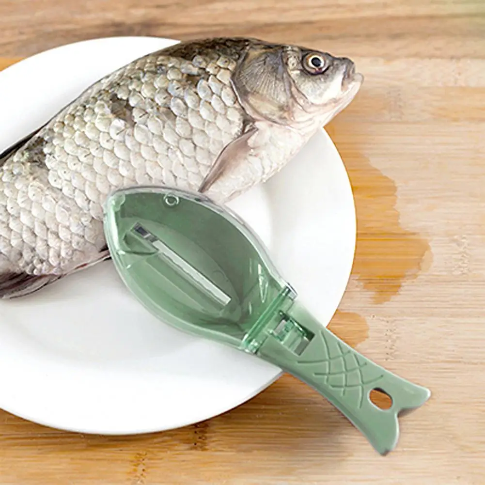 Средство за премахване на рибни люспи Лесен за използване Инструмент за премахване на рибни люспи с контейнер за съхранение на Перфектен кухненски инструмент за ефективно готвене на риба.