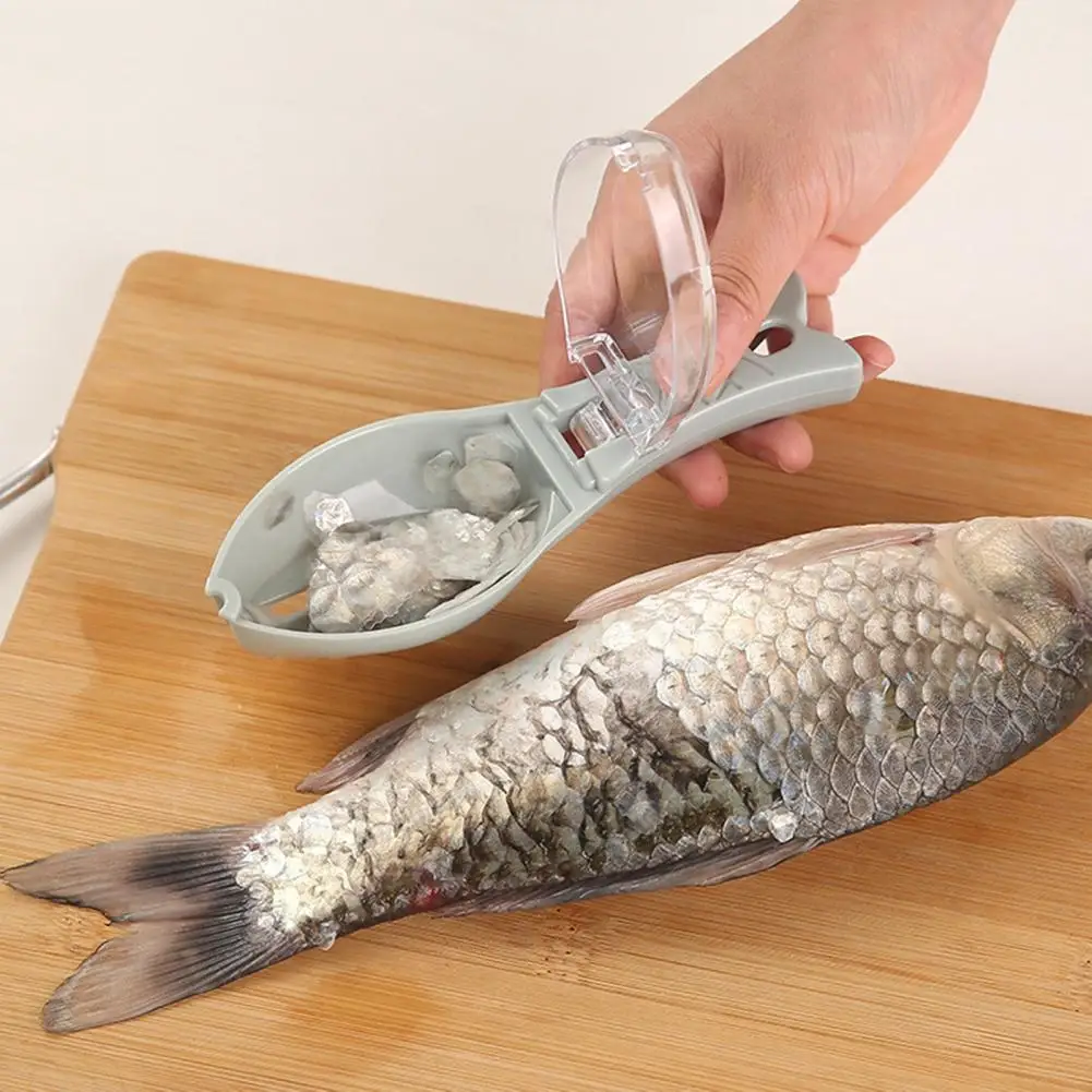Средство за премахване на рибни люспи Лесен за използване Инструмент за премахване на рибни люспи с контейнер за съхранение на Перфектен кухненски инструмент за ефективно готвене на риба.