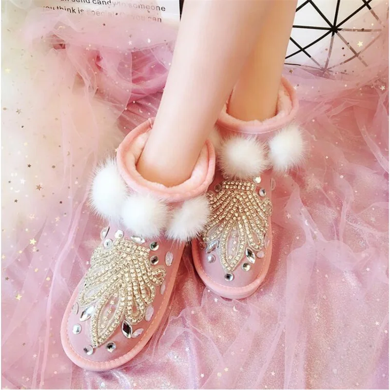 Стилни нови зимни обувки от кожа с кристали, с пайети, с къса тръба, гъвкави, удобни, топли памучни обувки