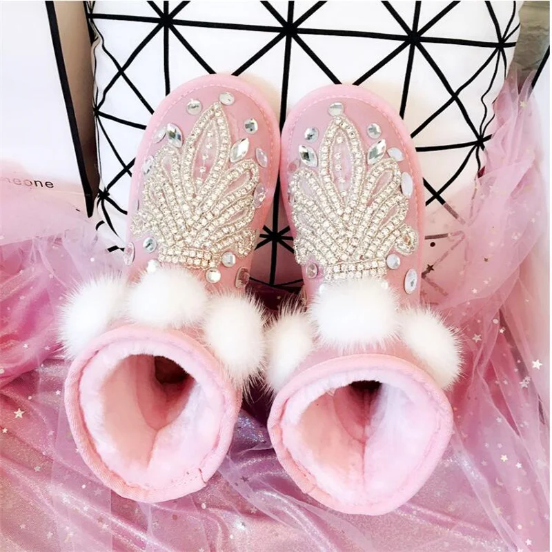 Стилни нови зимни обувки от кожа с кристали, с пайети, с къса тръба, гъвкави, удобни, топли памучни обувки