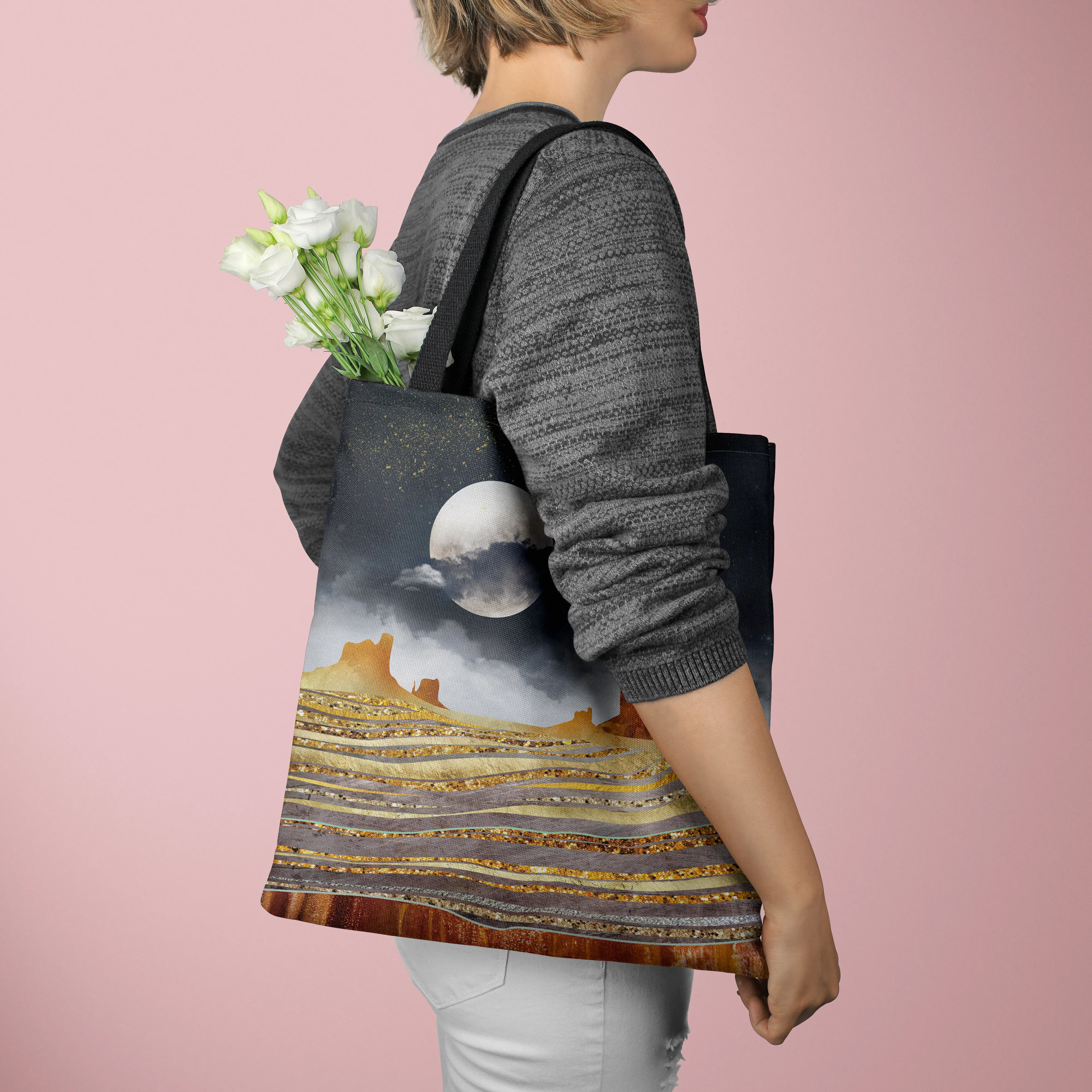 Холщовая чанта с принтом Супер Луната, женската чанта-тоут, чанта през рамо, многофункционална чанта за пазаруване