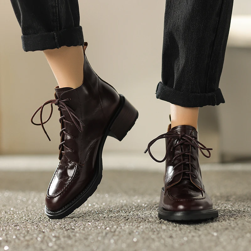 【ENMAYER】 Женски ботильоны от естествена телешка кожа в дебела подметка, дантела, за шиене, офис Дамски обувки в британския стил, топло обувки на платформа