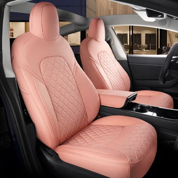 Аксесоари За автомобилни седалки от Tesla Model 3 Y Custom Fit За Tesla, изцяло покрити на 360 градуса, от естествена кожа Бял и розов цвят