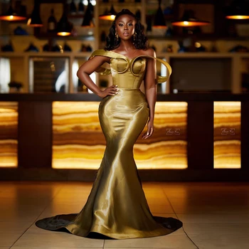 Африкански рокли за абитуриентски бал с злато Русалка, Дълга официална вечерна рокля Aso Ebi, дълги вечерни рокли с отворени рамене, елегантни