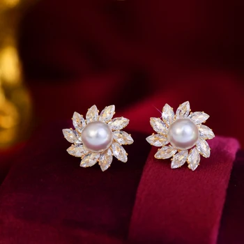 Блестящи обеци с перли U-образна кройка, луксозни модни бижута с цветен модел за жени, подарък SUE059