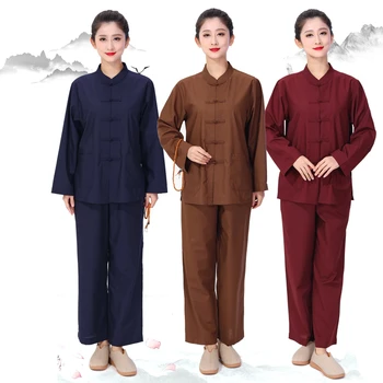 Будистки комплект дрехи за миряни, топ и панталон, Дрехи за медитация за възрастни, традиционната китайска дрехи на монахиня, костюм на монах