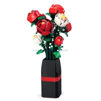 Букет от цветя, Рози, ботанически украса от растения MOC, Идеи строителни блокове, Тухли, играчка подарък за момичета, Съпрузи, деца