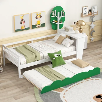 Бяла двухразмерная стаи с работно бюро, рафтове под формата на зелено дърво и куфар за мебели за спалня на закрито