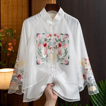 Бяла риза с бродерия в ретро китайски стил за жени през Пролетта Елегантна традиционната украса в стил Тан Зелено-Бял топ за жени