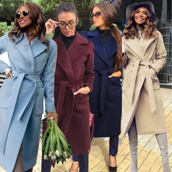В есенно-зимната мода 2023 г., Нов стил, Поло яка, дълъг ръкав, однотонное вълнена дълго дамско палто дантела