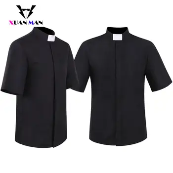 Висококачествена една риза за cosplay, върхове за cosplay свещеник, мъжки дрехи за възрастни с висока яка-часова, дрехи свещеник на Католическата църква