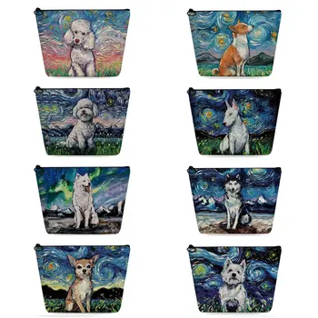 Висококачествени Модни чанти за тоалетни принадлежности с животни, Органайзер за грим, маслени бои, Звездното небе, Дамски косметичка с принтом куче