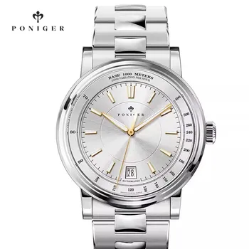 Водоустойчивост на часовника От неръждаема стомана PONIGER 316L с сапфирено стъкло в Бизнес стил, Механизъм Seiko, Мъжки автоматично механичен часовник с дата