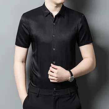 Годишната Благородна однотонная мъжка риза с къс ръкав от коприна Тутового на цвят, Мъжки Черна коприна дрехи с къс ръкав Премиум-клас Sense Коприна, копринени дрехи Премиум-клас