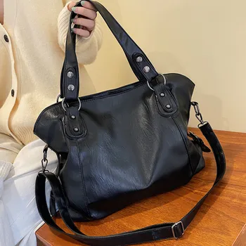 Големи Черни торби през рамо, за жени, голяма чанта-скитник за пазаруване, однотонная качествена чанта през рамо от мека кожа, дамски пътна чанта