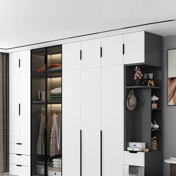 Голям гардероб с комбинация от противоположни врати, прост, модерен стъклен шкаф от масивно дърво по поръчка за съхранение на