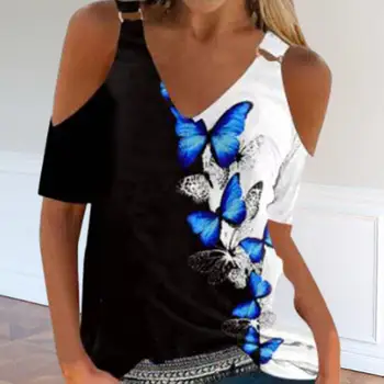 Дамска блуза в местния стил, Тениски с флорални принтом и V-образно деколте, с открити рамене и ключалката, Шикозни дамски летни улични Върховете
