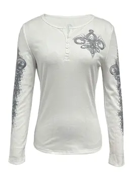 Дамски блузи с графичен дизайн Y2K, Тениски с дълъг ръкав и V-образно деколте, принтом крила, приталенные реколта тениски в стил гръндж, Пролетно-есенна градинска облекло