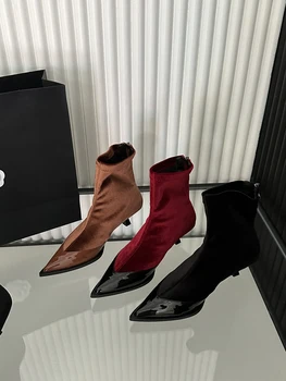 Дамски ботильоны от флока, Стрейчевые обувки с остри пръсти, червени, Кафяви, черни, Модерни Модела обувки на тънък ниски токчета, Размер 39