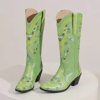 Дамски каубойски ботуши в западен стил с широки голенями, зимни богемные етнически зелени обувки на масивна висок ток, ботуши до коляното с бродерия