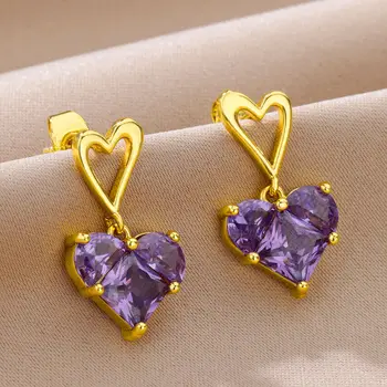 Дамски обеци с лилаво сърце от цирконий, с позлатени обеци с геометричен кристал от неръждаема стомана, Сватбени коледна украса на подарък