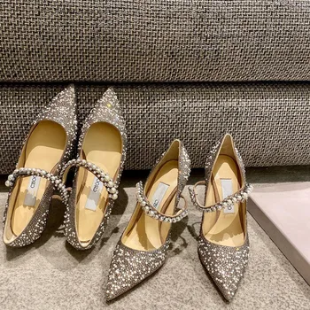 Дамски обувки на плоска подметка с остри пръсти; новост 2021 г.; дамски обувки с перли и кристали; сватбени обувки на висок ток-висок ток; обувки за шаферките;