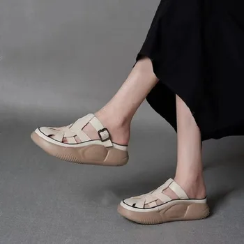 Дамски обувки, Плетени Сандали, Обувки с мека подметка, Удобни Плетени чехли за баня в ретро стил с Дебелина 5 см, бели обувки