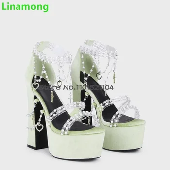 Дамски сандали на платформа с перлената веригата на квадратен ток, жените 2023 Кадифе Прекрасни Елегантни Летни модни обикновена вечерни обувки с кръгло бомбе