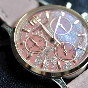 Дамски часовник със Сапфир стъкло, Японски Кварцов механизъм, Дамски Розов часовник, Модерен, Класически, ретро Хронограф 50 М, Водоустойчив