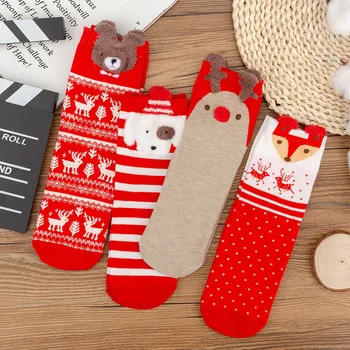 Дамски чорапи с облика на сърна от карикатура, червени чорапи Benmingnian, Коледни есенно-зимни чорапи със средна дължина