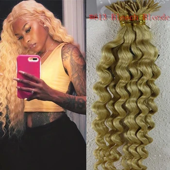 Дълбоки Къдрава Кератиновые Капсули Human Fusion Virgin Hair 12-28 инча За Изграждане на Нокти Реми Pre Bonded I Tip Косата Коси #60 Руса