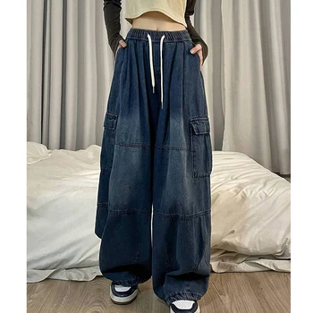 Дънки-карго женски 2023, нова реколта широки свободни дънки в стил хип-хоп Spice Girl, ежедневни панталони, дънкови панталони с джобове размер плюс