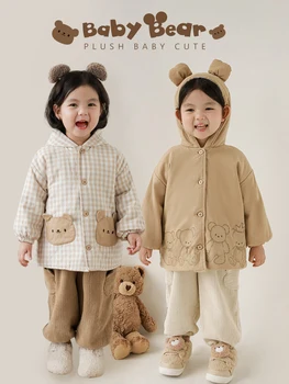 Есенен комплект за момичета, носимое палто с качулка и принтом мечка с двете страни, тениска с кръгло деколте