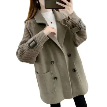 Есенно-зимния ново двустранно вълнена модно палто 2023 Година, Популярно Свободно вълна палто с универсална шевове, жена с жилетка, тенденция