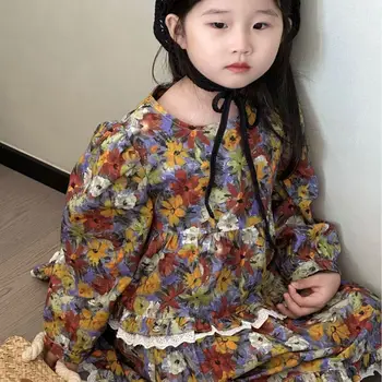 Есента рокля с цветен модел за момичета 23, Бельо, с голям подолом, Дълга рокля в корейски стил, написани масло в ретро стил, детски дрехи