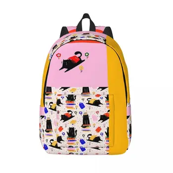 Жена раница с шарени котки, книги и цветя, Чанта за книги, Модерна чанта на рамото, Лаптоп раница за пътуване, Детски училищни чанти