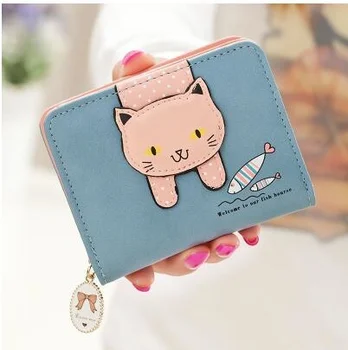 Жена чантата със сладък котка, Малка чантата си, за момичета с цип, Корпоративна женски портфейл от изкуствена кожа, дамски портфейл за карти, Billetera