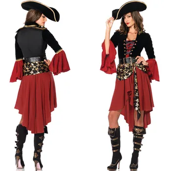 Женски костюм капитан на пиратите, костюм за ролеви игри на Хелоуин, Кралят костюм в средновековния готически стил, Елегантна женствена рокля